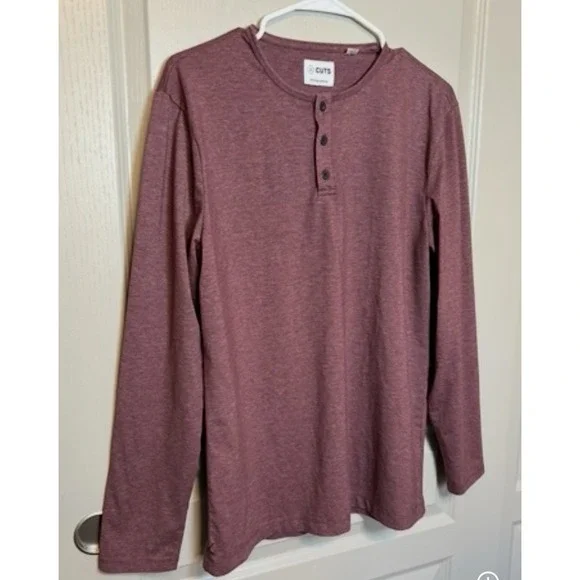 Cuts Curve Hem Pyca Pro Long Sleeve Henley Shirt Mens Purple Stretch Casual City - Picture 2 of 6